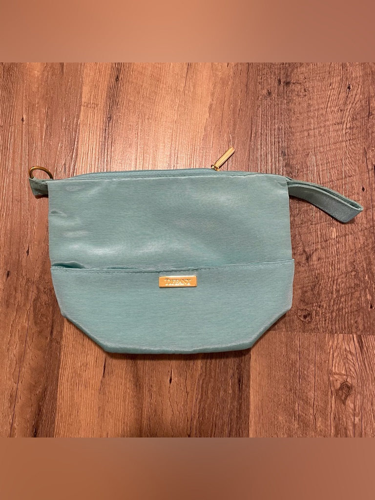Tiffany & Co. Aqua Plastic Lined Cosmetic Bag Gold-Tone Charm W/ Strap
